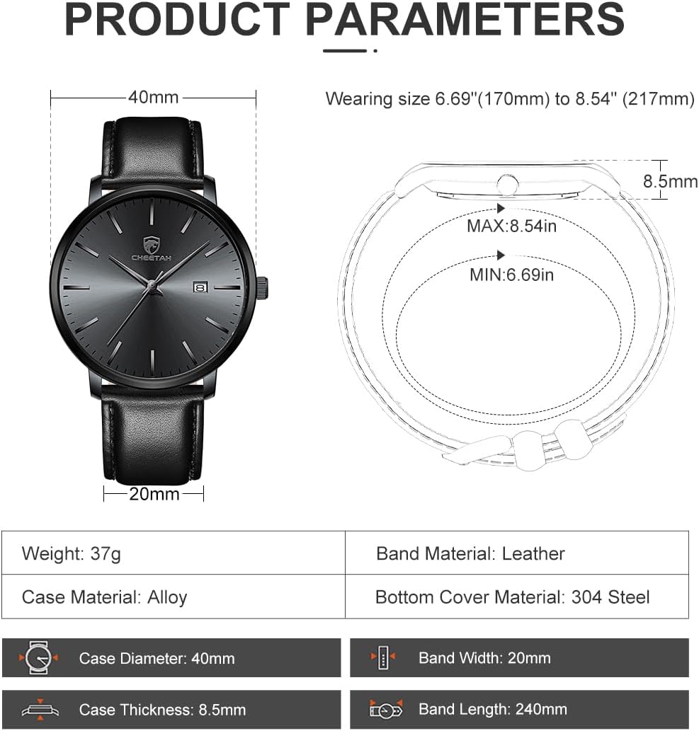 HOTCHEETAH Minimalist Waterproof Quartz Watches for Men with Leather Strap, Auto Date