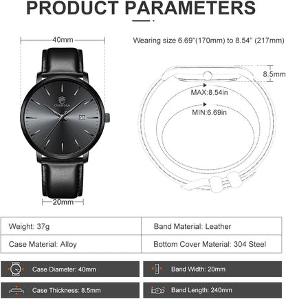 HOTCHEETAH Minimalist Waterproof Quartz Watches for Men with Leather Strap, Auto Date