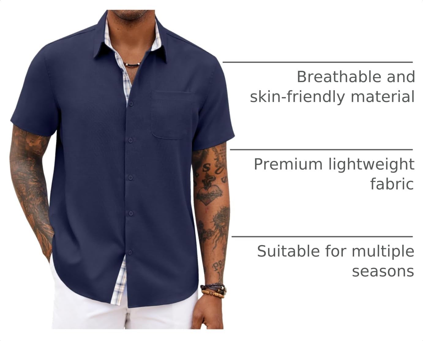 HOTCOOFANDY Men's Button Down Shirts Short Sleeve Casual Summer Beach Vacation Wedding Shirt with Pocket
