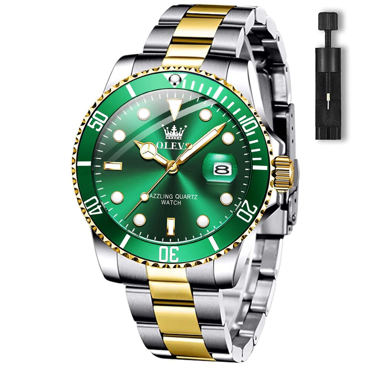 HOTOLEVS Men's Watches with Date, Premium Gold and Silver Stainless Steel Analog Watches for Men, Classic Rotatable Bezel Men's Cuff Watches, Blue/Green/Black Dial