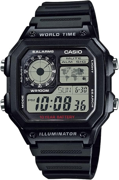 HOTCasio AE1200WH Series | Men’s Digital Watch | 100M WR | Multi Alarms | 100 SEC Stopwatch | Countdown Timer | World Map for World Time | LED Light | LC Analog Display | 10 Year Battery
