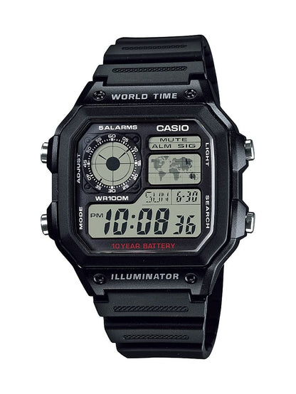 HOTCasio AE1200WH Series | Men’s Digital Watch | 100M WR | Multi Alarms | 100 SEC Stopwatch | Countdown Timer | World Map for World Time | LED Light | LC Analog Display | 10 Year Battery