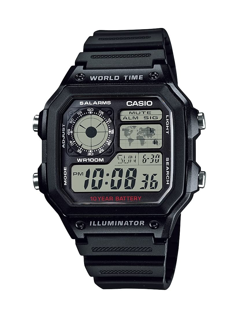 HOTCasio AE1200WH Series | Men’s Digital Watch | 100M WR | Multi Alarms | 100 SEC Stopwatch | Countdown Timer | World Map for World Time | LED Light | LC Analog Display | 10 Year Battery