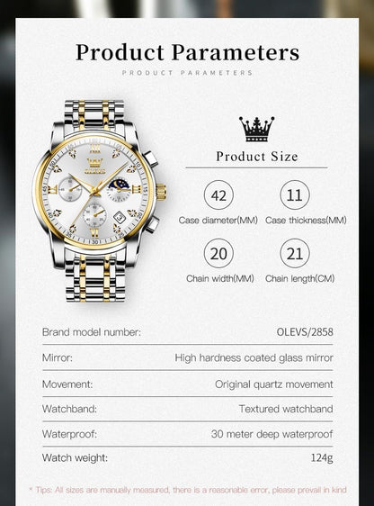 HOTOLEVS Watch for Men Diamond Business Dress Analog Quartz Stainless Steel Waterproof Luminous Date Two Tone Luxury Casual Wrist Watch Blue