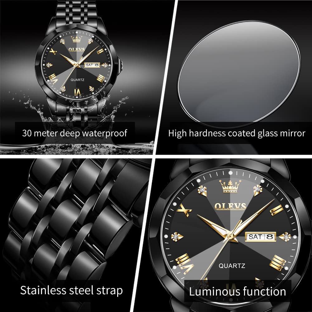 HOTOLEVS Watch for Men Diamond Business Dress Analog Quartz Stainless Steel Waterproof Luminous Date Two Tone Luxury Casual Wrist Watch Blue