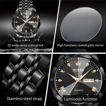 HOTOLEVS Watch for Men Diamond Business Dress Analog Quartz Stainless Steel Waterproof Luminous Date Two Tone Luxury Casual Wrist Watch Blue