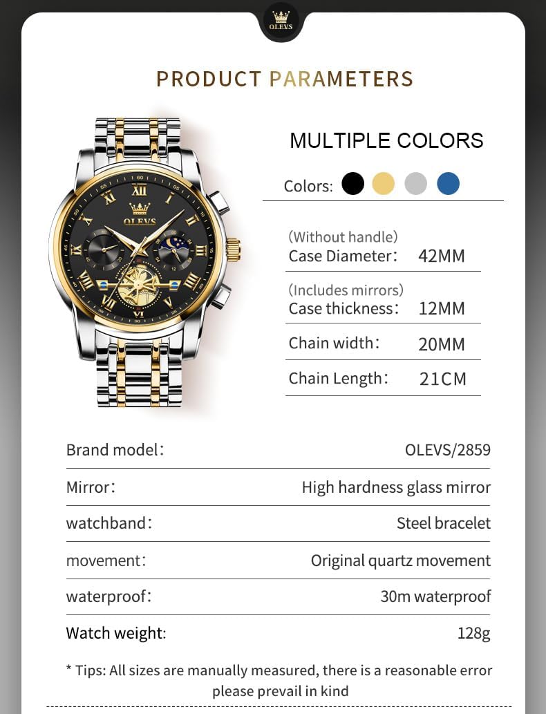 HOTOLEVS Watches Men Waterproof Luxury Big Face Mens Watch Stainless Steel Quartz Analog Dress Watches for Men Luminous Multifunction Man Watch Relojes De Hombre