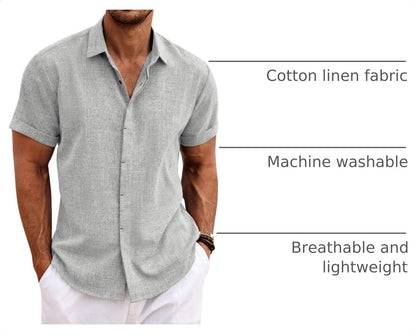 HOTCOOFANDY Men's Linen Shirts Short Sleeve Casual Shirts Button Down Shirt for Men Beach Summer Wedding Shirt