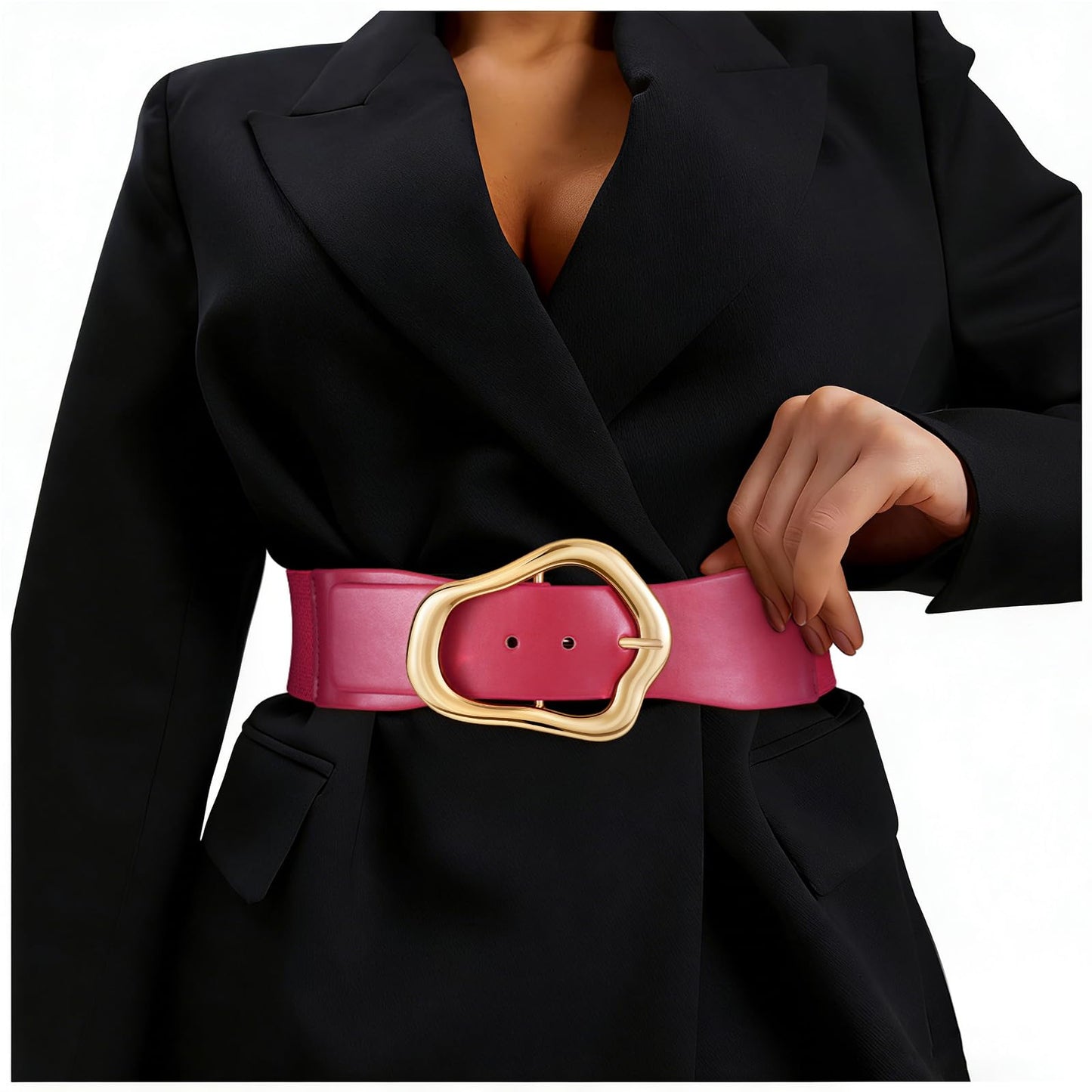 HOTXZQTIVE Women Wide Elastic Waist Belt for Dresses Fashion Big Gold Buckle Stretchy Leather Waistband for Ladies