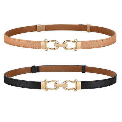 HOTJASGOOD 2 Pack Thin Belts for Women Fashion Skinny Leather Waist Belts for Jeans Pants Dresses with Gold Buckle