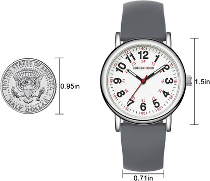 HOTGOLDEN HOUR Waterproof Nurse Watch for Medical Professionals, Students Women Men - Military Time Luminouse Easy Read Dial, 24 Hour with Second Hand, Colorful Silicone Band