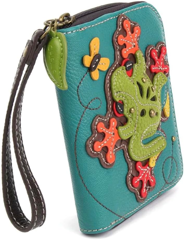 HOTCHALA Zip Around Wallet, Wristlet, 8 Credit Card Slots, Sturdy Pu Leather - Frog - Turquoise