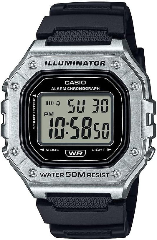 HOTCasio W-218HM Series | Men's Digital Watch | (Black/Silver) | LED Illuminator | 7-Year Battery | Alarm | Chronograph | Auto Calendar | Digital Watch
