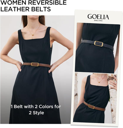HOTGOELIA Women's Reversible Genuine Leather Belt Thin Fashion Waist Belts for Jeans Pants Dresses with Buckle