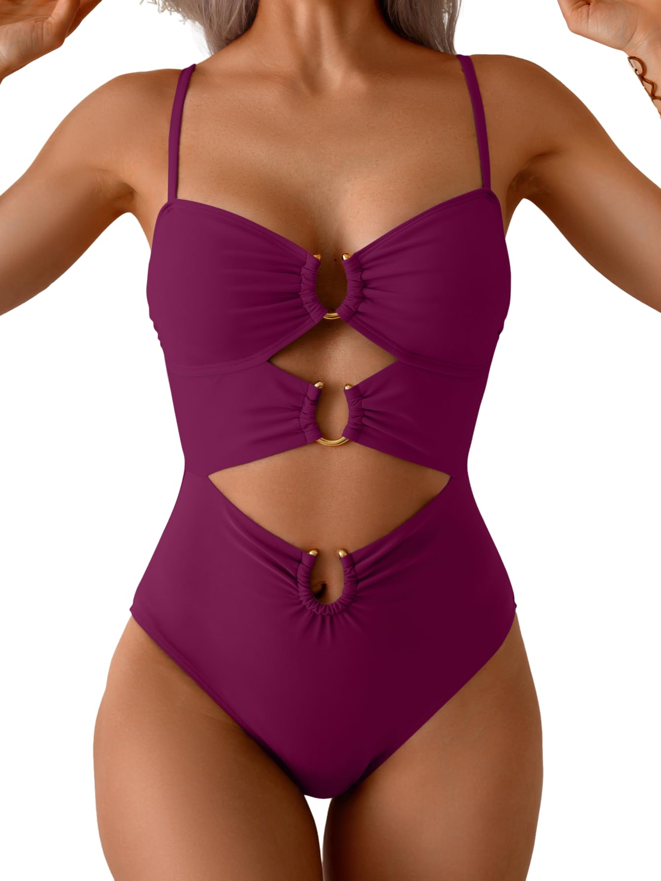 HOTEomenie Womens Cutout One Piece Swimsuit Sexy Bathing Suit | Ring Linked, Adjustable Spaghetti Straps, Bra Support, Soft Removable Cups, Monokini for Beach Vacation, Pool Side