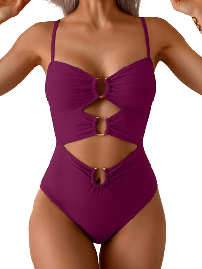 HOTEomenie Womens Cutout One Piece Swimsuit Sexy Bathing Suit | Ring Linked, Adjustable Spaghetti Straps, Bra Support, Soft Removable Cups, Monokini for Beach Vacation, Pool Side