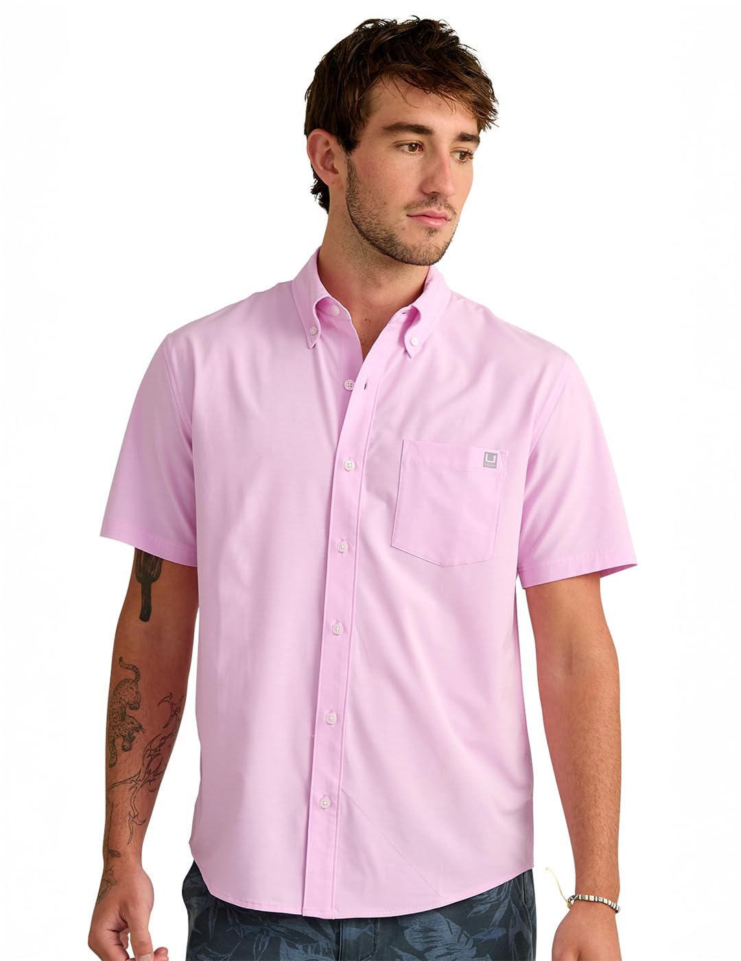 HOTHUK Men's Kona Solid Short Sleeve Fishing Button Down Shirt