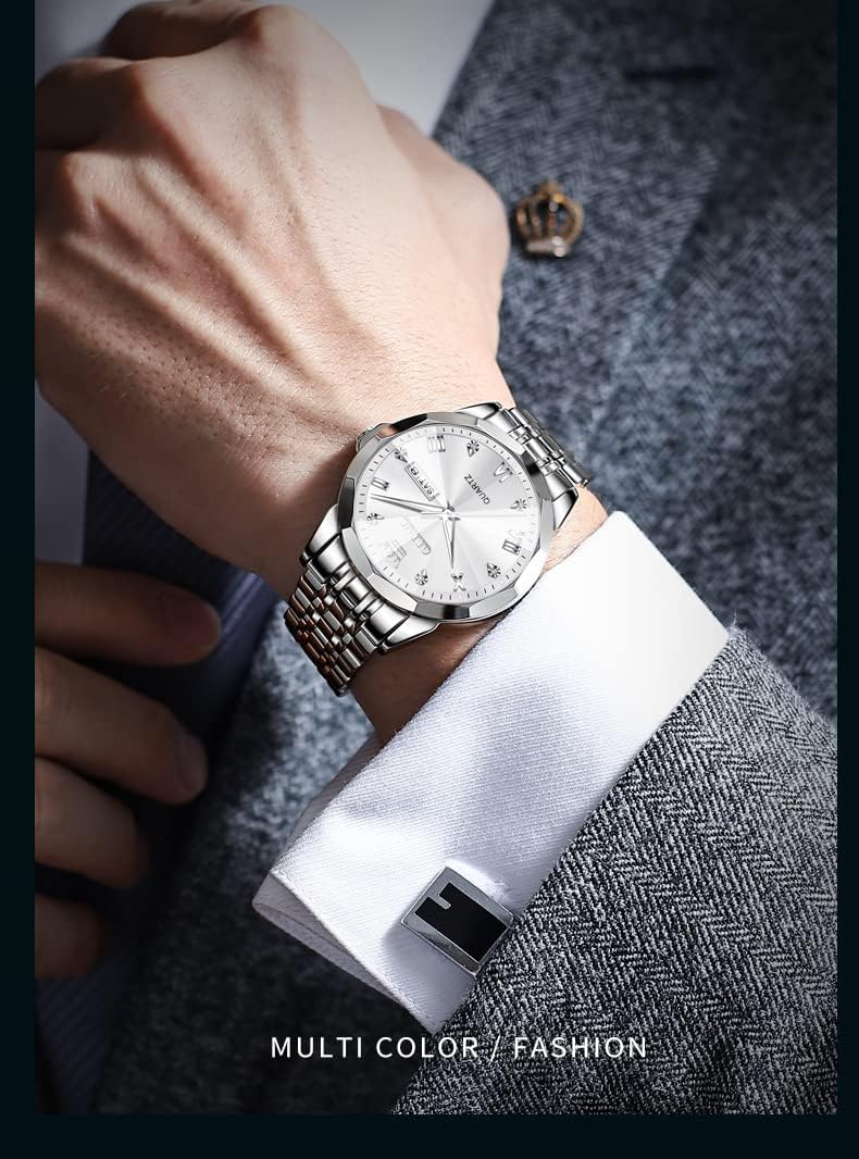 HOTOLEVS Watch for Men Diamond Business Dress Analog Quartz Stainless Steel Waterproof Luminous Date Two Tone Luxury Casual Wrist Watch Blue