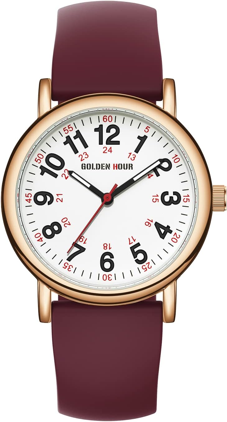 HOTGOLDEN HOUR Waterproof Nurse Watch for Medical Professionals, Students Women Men - Military Time Luminouse Easy Read Dial, 24 Hour with Second Hand, Colorful Silicone Band