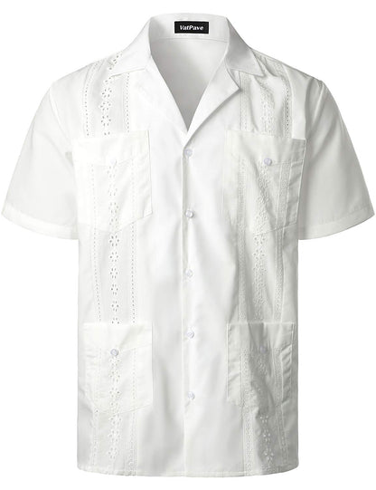 HOTVATPAVE Mens Short Sleeve Button Down Cuban Guayabera Shirts | Camp Collar, Button Up, Wedding, Breathable, Casual Stylish, Summer, Hawaiian, Vacation, Embroidered, Holiday, with Pocket