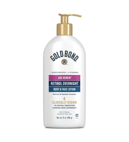 HOTGold Bond Age Renew Retinol Overnight Body & Face Lotion, 13 Oz, Anti-Aging Moisturizer for Visibly Plumper, Smoother Skin, 24-HR Hydration, Non-Irritating, Non-Greasy, Dermatologist-Tested, Unscented