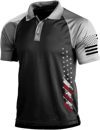 HOTMen's Polo Shirt Short Sleeve Quick Dry American Flag Print Graphic Split Color Golf Shirt for Sport