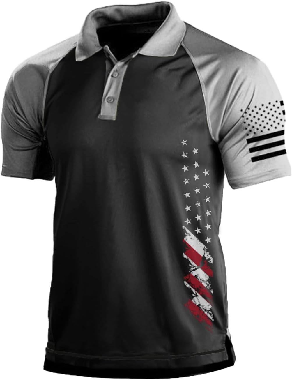 HOTMen's Polo Shirt Short Sleeve Quick Dry American Flag Print Graphic Split Color Golf Shirt for Sport