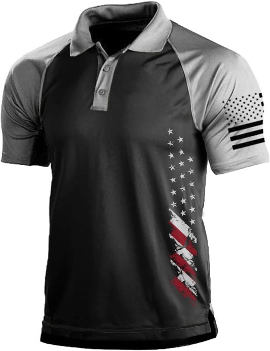 HOTMen's Polo Shirt Short Sleeve Quick Dry American Flag Print Graphic Split Color Golf Shirt for Sport