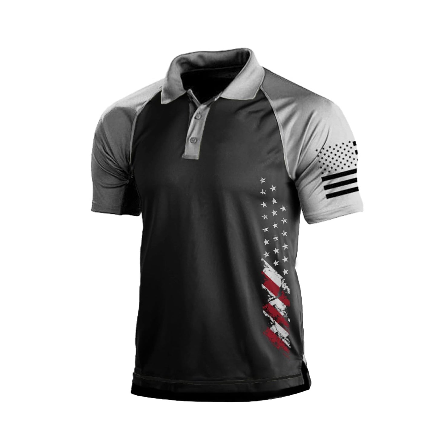 HOTMen's Polo Shirt Short Sleeve Quick Dry American Flag Print Graphic Split Color Golf Shirt for Sport