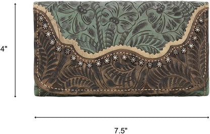 HOTAmerican West Hand Tooled Handcrafted 100% Genuine Leather Tri-Fold Wallet for Women Credit Card Slots Cash Pocket and Clear ID Holder Saddle Ridge Collection Western (Light Turquoise)