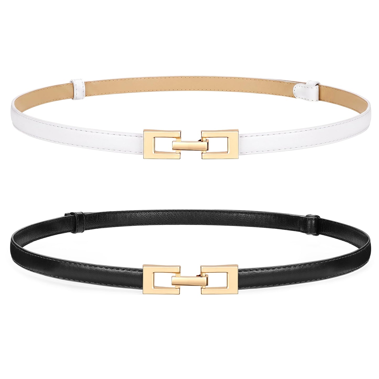 HOTWERFORU 2 Pack Women Skinny Belt Thin Waist Belt for Pants Leather Belt with Gold Buckle for Jeans Dress,0.6" width