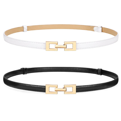 HOTWERFORU 2 Pack Women Skinny Belt Thin Waist Belt for Pants Leather Belt with Gold Buckle for Jeans Dress,0.6" width