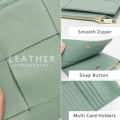 HOTSpacious & Functional Bifold Short Coin Purse Woven Functional Fashion Women Genuine Leather Wallet Female Chic Small Multi Money Billfold Clutch Purse