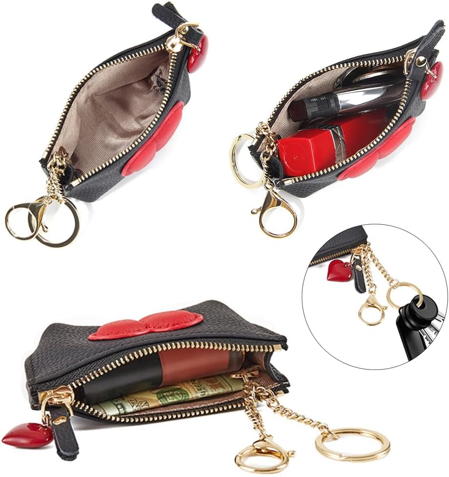 HOTRejolly Coin Pouch Purse for Women Girls Real Leather Mini Change Wallet With Keychain Key Ring Cute Heart Attachment for Purse Cream White