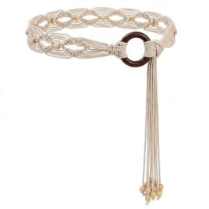 HOTWHIPPY Boho Braided Belt for Women Western Belt With Hand-Woven Wax Rope Country Tassel Belts for Dress, 2" Wide