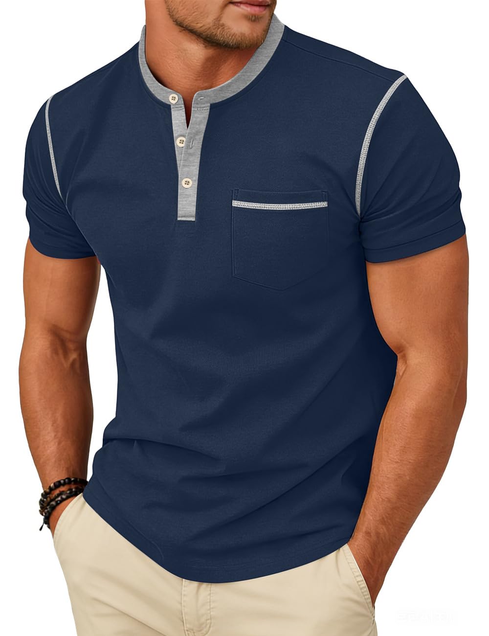 HOTMen's Henley Shirt Casual Button Short Sleeve T-Shirt Summer Patchwork Color Block Tee Shirts
