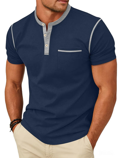 HOTMen's Henley Shirt Casual Button Short Sleeve T-Shirt Summer Patchwork Color Block Tee Shirts