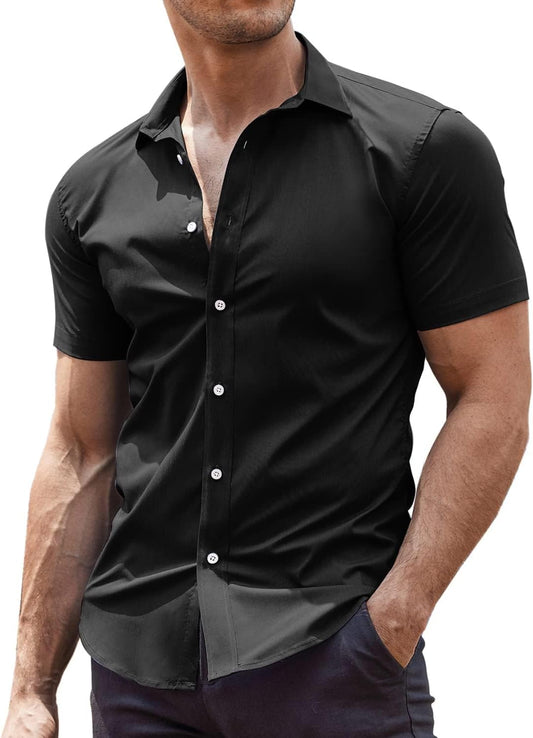 HOTCOOFANDY Men's Muscle Fit Dress Shirts Wrinkle-Free Short Sleeve Casual Button Down Shirt