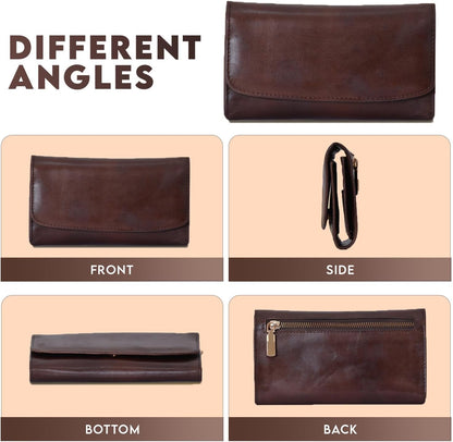 HOTGenuine Leather Wallets for Women 2024 RFID Blocking Ladies Large Trifold Slim Clutch Brown Wallet for Women - 13 Card Slots, 4 Cash Slots - Fits iPhone 14