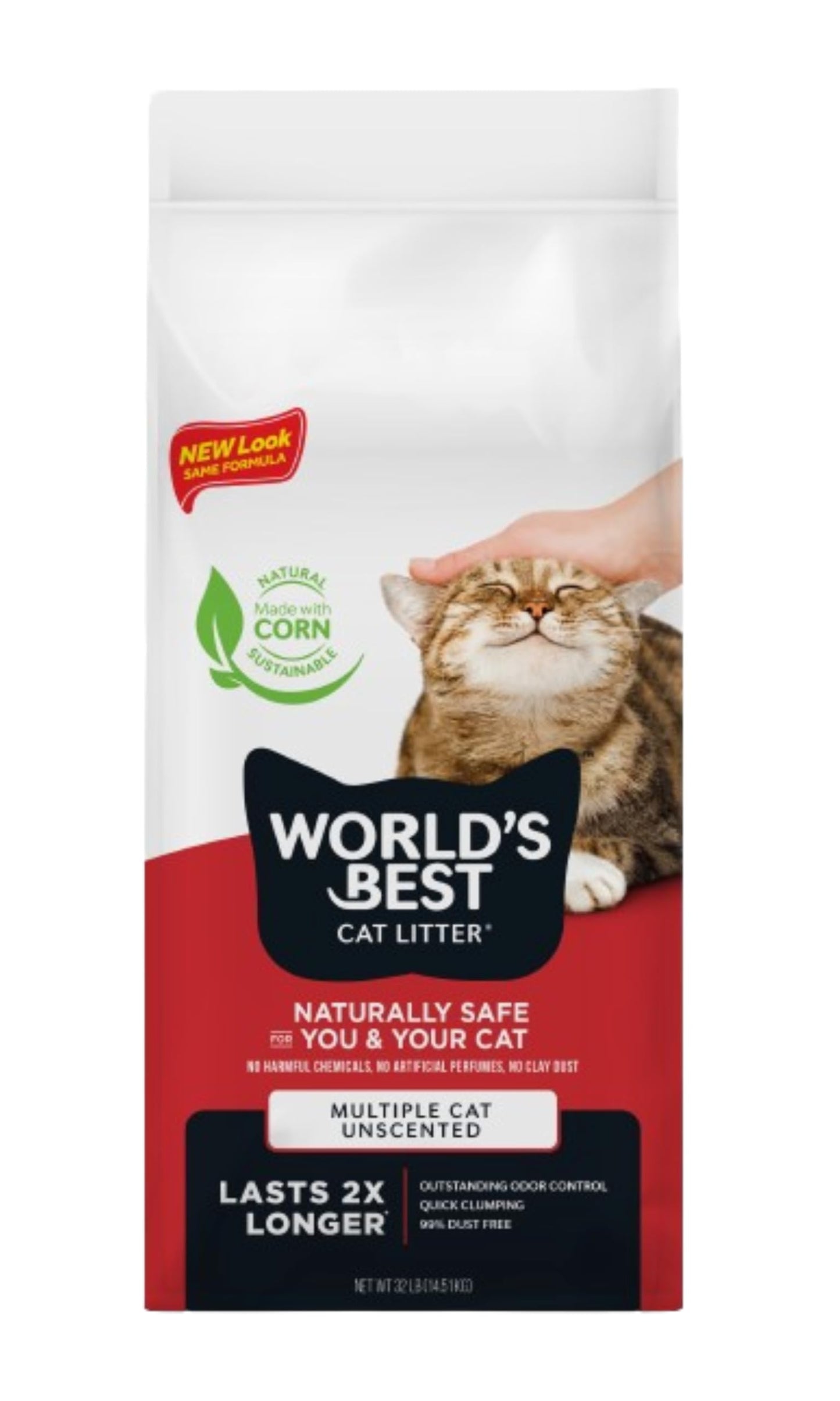 HOTWorld's Best Cat Litter, Multiple Cat, Unscented, Odor Control, 15 lb Bag | Controls tough multi-cat odors and lasts 2x longer; natural corn litter, quick clumping, flushable, 99% dust free