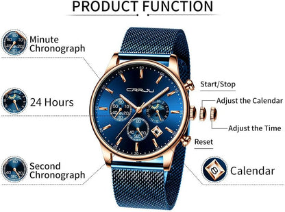 HOTCRRJU Men's Fashion Casual Watches Auto Date Chronograph Watch Men Nice Work Watches Waterproof 30M Full Steel Quartz with Mesh Strap