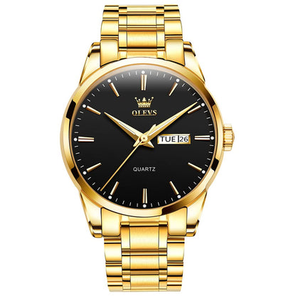 HOTOLEVS Men's Casual Stainless Steel Watch, Big Face Easy to Read Analog Quartz Watch with Day and Date, Classic Waterproof Diamond Roman Arabic Numeral Dial Dress Watch for Men, Gold Silver Black Band
