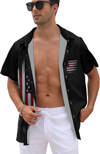 HOTWHO IN SHOP Men's 4th of July American Flag Patriotic Shirts Short Sleeve Button Up USA Memorial Day Shirts