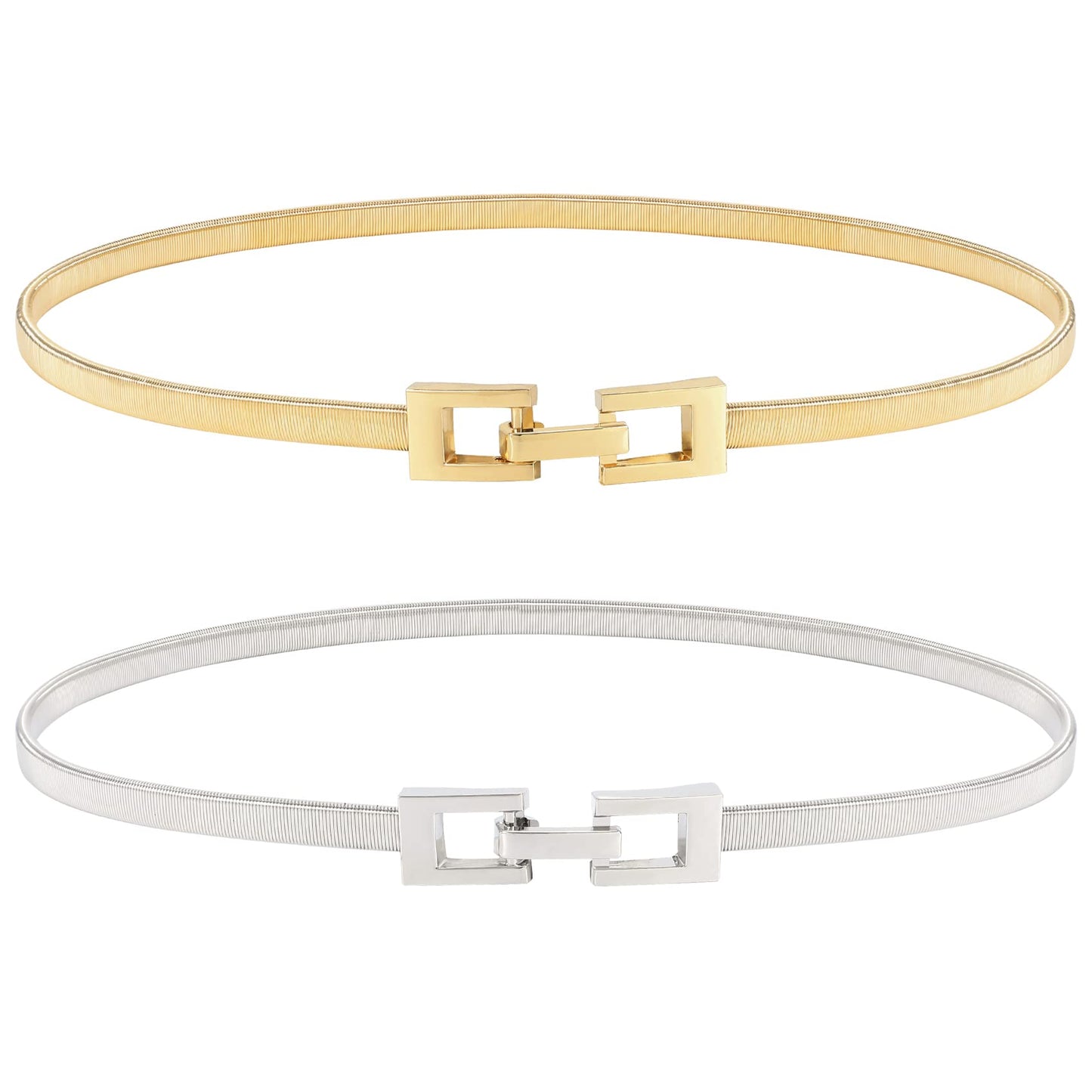 HOTXZQTIVE 2 Pieces Women Skinny Metal Chain Waist Belt Stretchy Saree Cinch Belt for Dress Gold Sliver