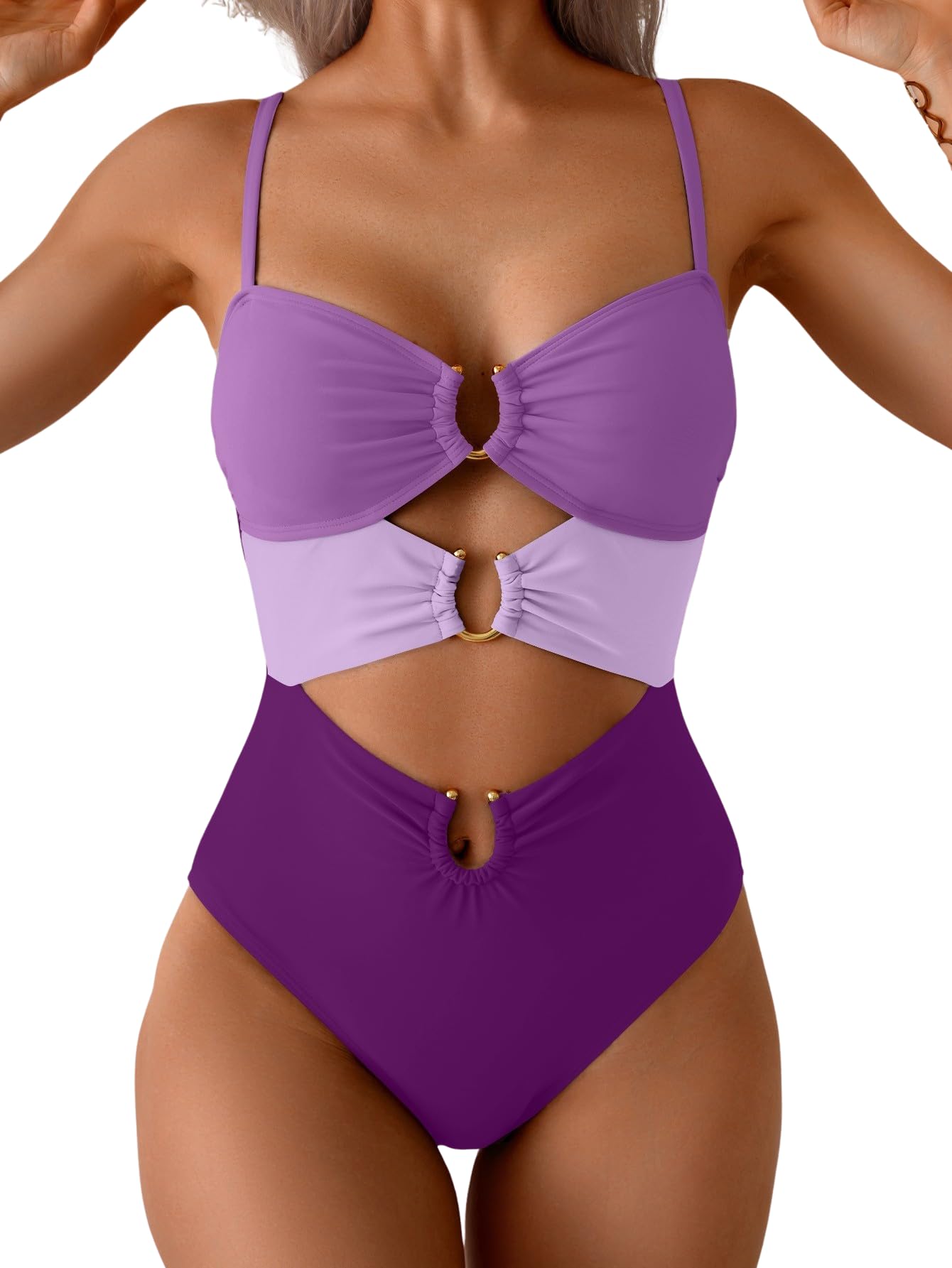 HOTEomenie Womens Cutout One Piece Swimsuit Sexy Bathing Suit | Ring Linked, Adjustable Spaghetti Straps, Bra Support, Soft Removable Cups, Monokini for Beach Vacation, Pool Side