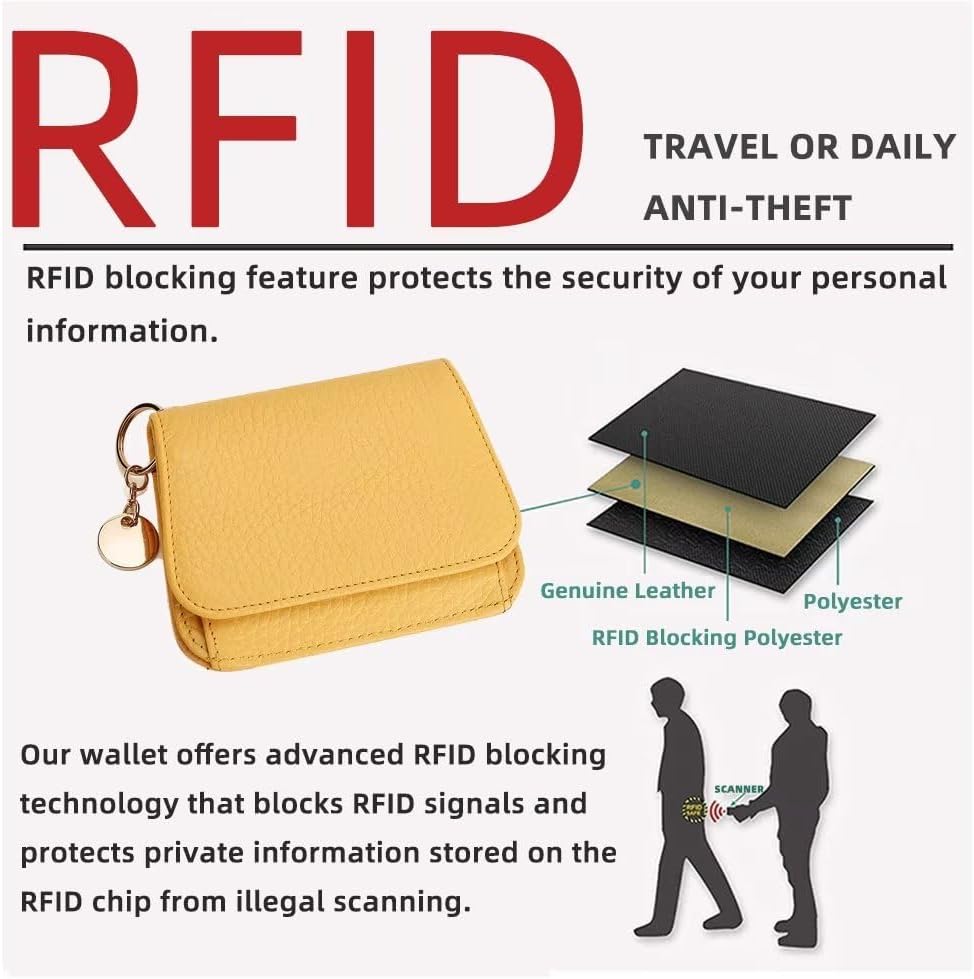 HOTMudono Small Wallet for Women RFID Blocking Genuine Leather Card Case Slim Tri-Fold Wallet with Zipper Pocket and Keychain