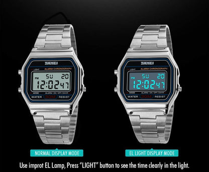 HOTSNE Men's Digital Watch Stainless Steel Band Water Resistant Electronic Square LED Back Light Wristwatch