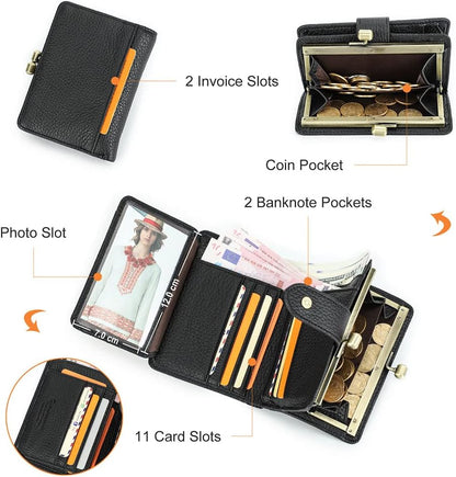HOTCONTACTS Full Grain Leather Kiss Lock Wallet for Women Coin Pocket Kiss Clasp Purse Small Card Holder Bifold Rfid Wallet (Black)