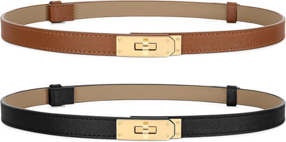 HOT2 Pack Women Skinny Leather Belt for Dresses Jeans Solid Color Alloy Turn Lock