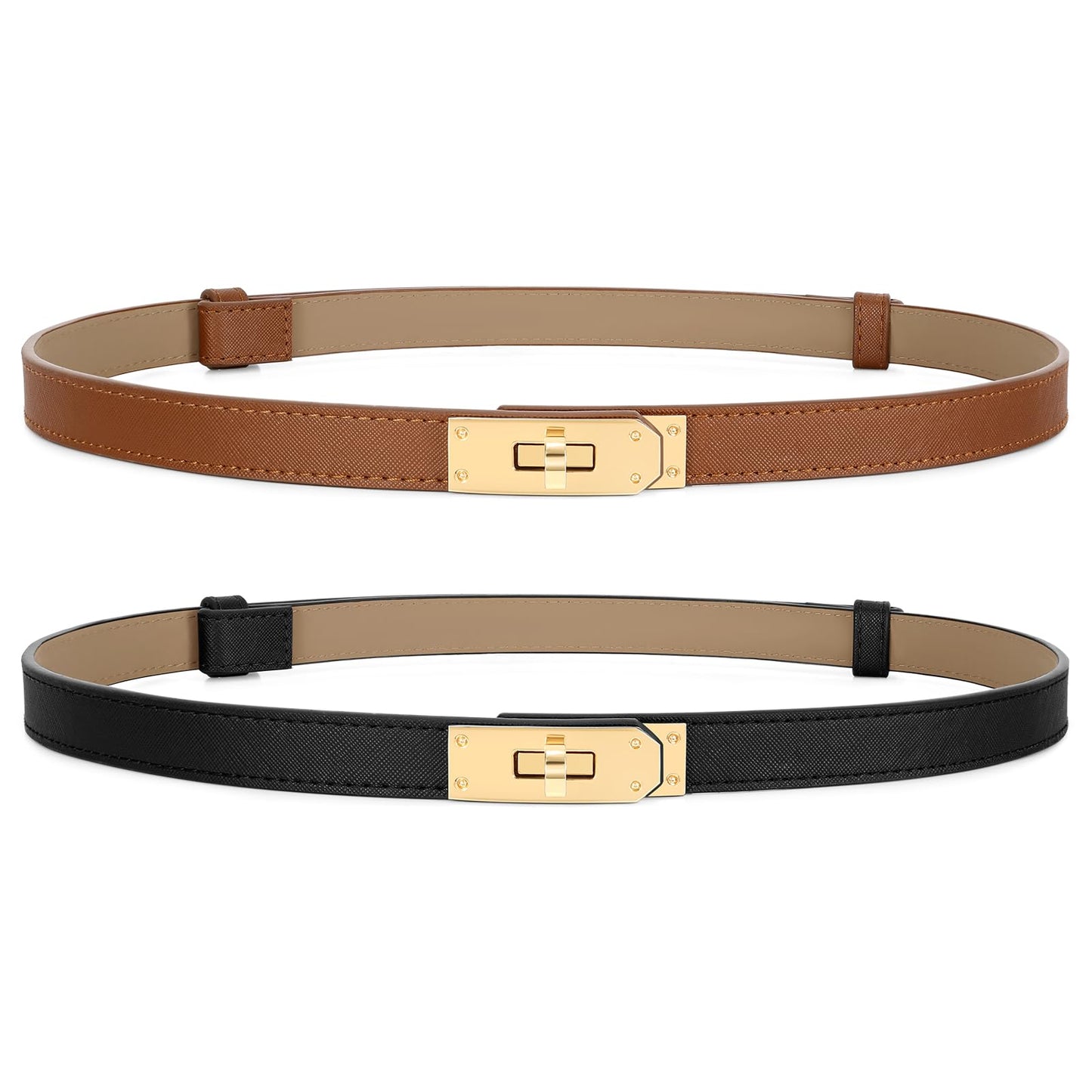 HOT2 Pack Women Skinny Leather Belt for Dresses Jeans Solid Color Alloy Turn Lock